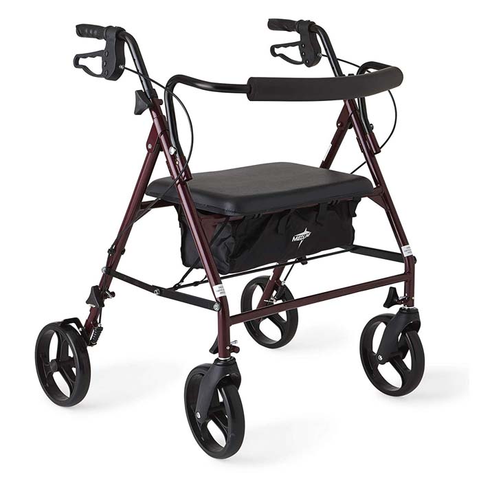 Medline Heavy Duty Rollator Walker with Seat, Bariatric Rolling Walker Supports up to 500 lbs, Large 8-inch Wheels, Burgundy