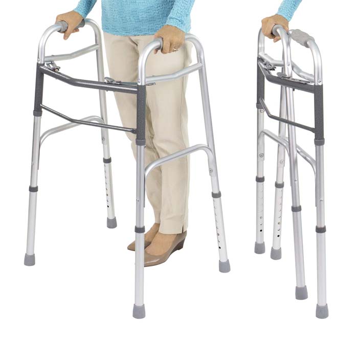 Vive Folding Walker (Plus Bag and 2 Wheels) - Front Wheeled Support, Narrow 23 Inch Wide - Adjustable, Lightweight Portable, Compact Elderly, Handicap Medical Walking Mobility Aid - Push Button Close